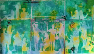 printed image of silhouettes of people and words in yellow and white on a bue and green background