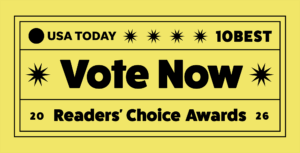 Yellow rectangular box with black text "USA Today 10Best 2026 Reader's Choice Awards / Vote Now"