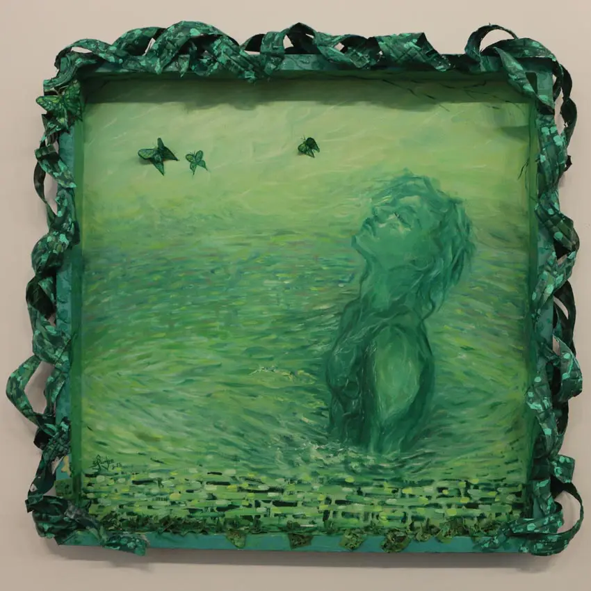square green artwork featuring a woman figure and birds in the sky
