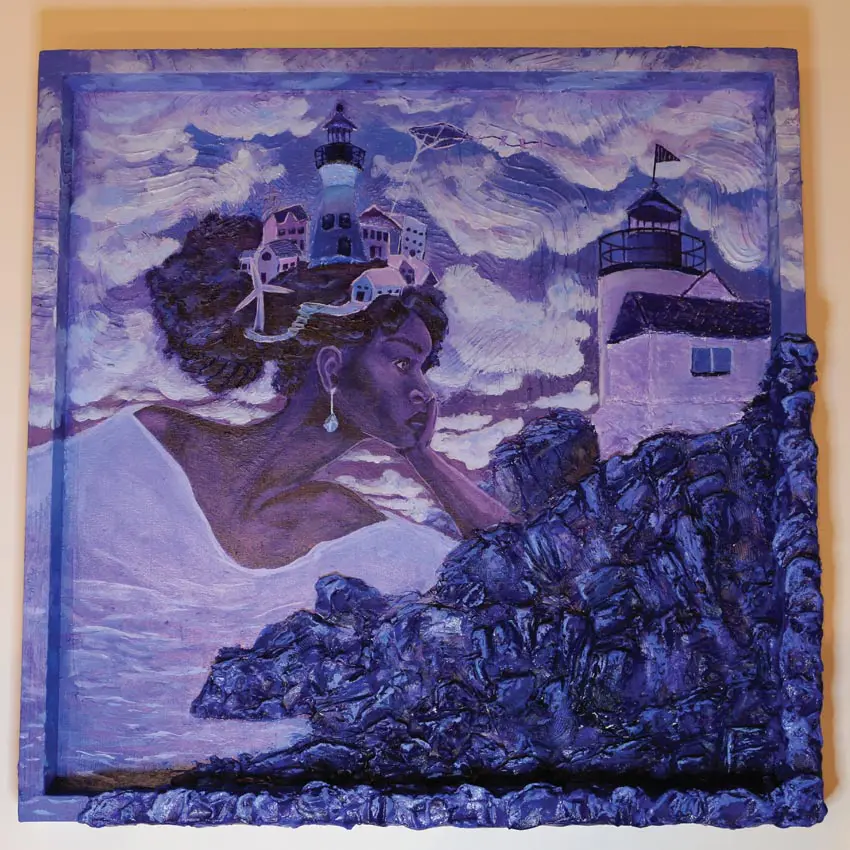 square violet artwork featuring a woman and lighthouse
