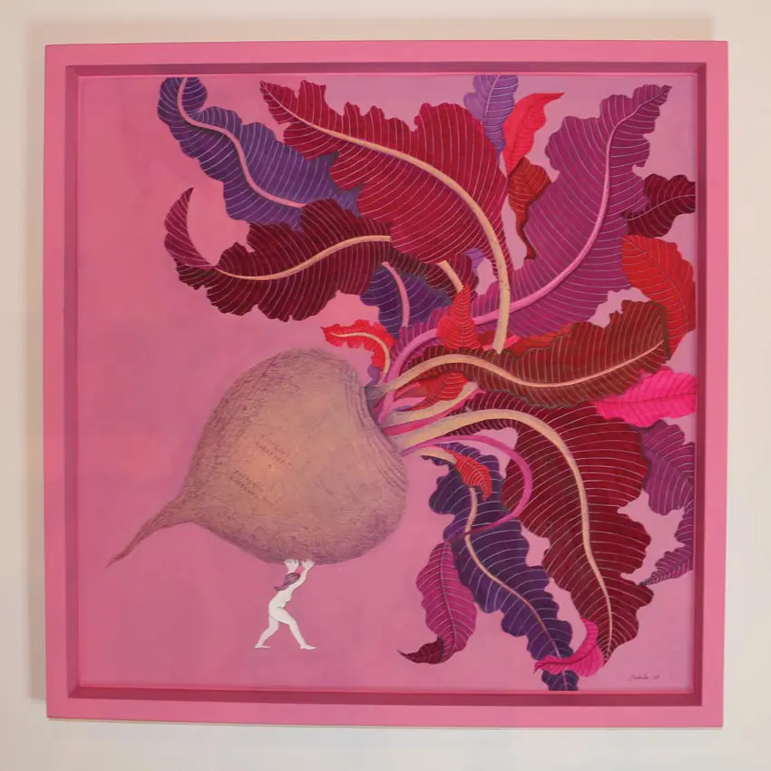 square pink painting of an enormous beet carried by a tiny woman below it