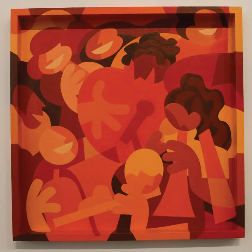 square orange artwork featuring musicians in abstract cartoon style