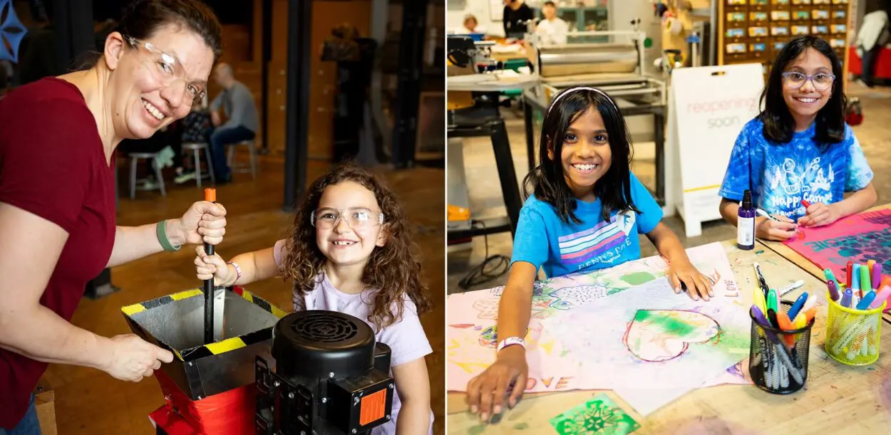 two photos: on left a young girl in safety goggles helps use a recycled plastic shredder with an adult woman's assistance; on the right, two girls with dark hair in bright blue shirts work on printed art pieces at a wooden table in a workshop