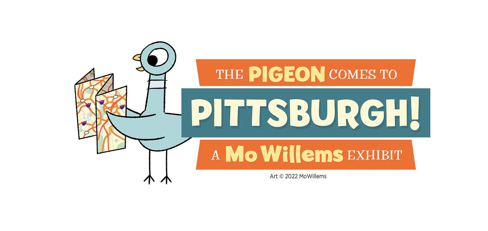 Logo for the exhibit The Pigeon Comes to Pittsburgh! A Mo Willems Exhibit depicting the Pigeon with a map