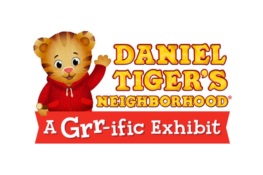 drawn logo for the exhibit Daniel Tiger's Neighborhood: A Grr-ific Exhibit featuring an image of Daniel Tiger waving in a red sweater