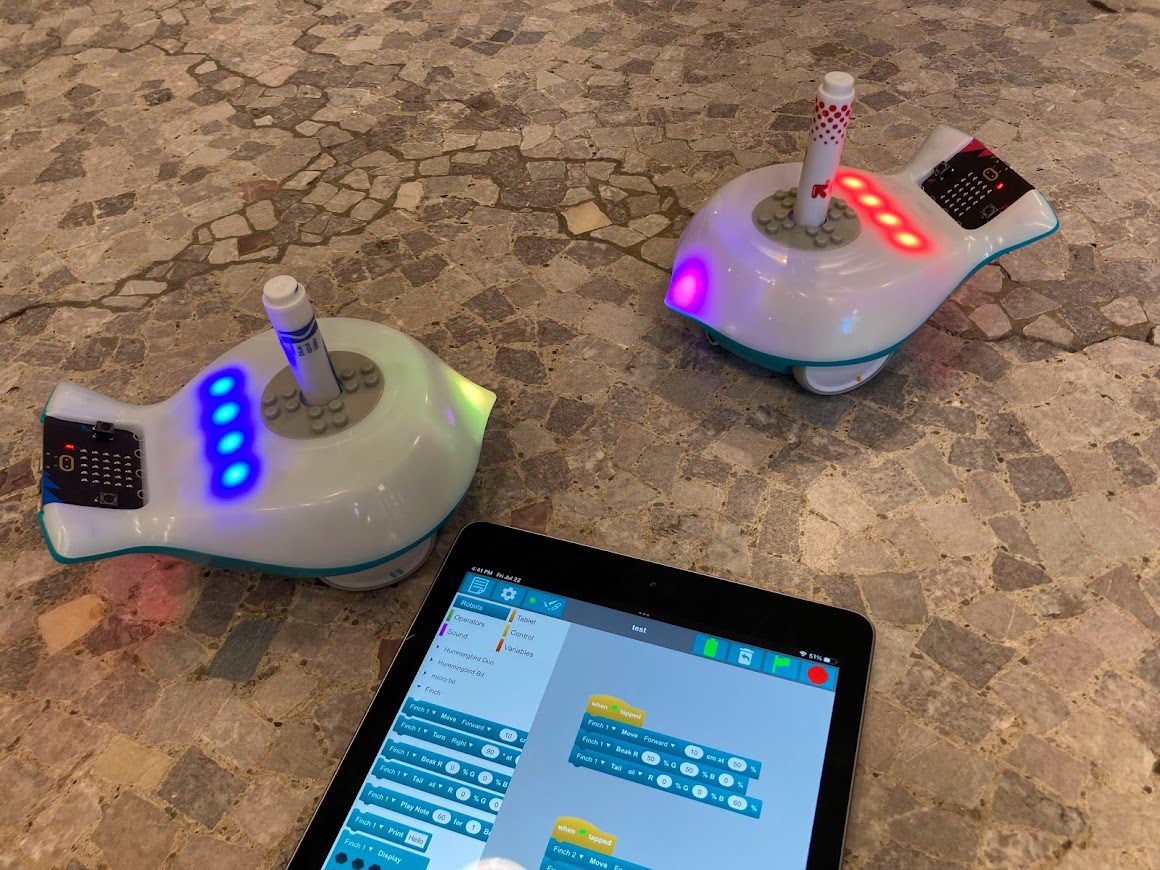 Two bird-shaped robots with colorful led lights and markers for drawing face each other on a stone floor. An iPad with a block coding app open on the screen is also in frame.