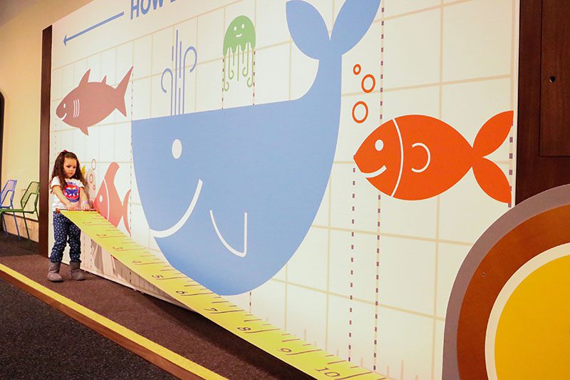 young girl pulling out a giant tape measure against a wall mural featuring fish illustrations