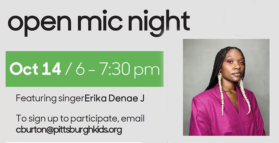 words Open Mic Night and image of African American woman in pink blouse
