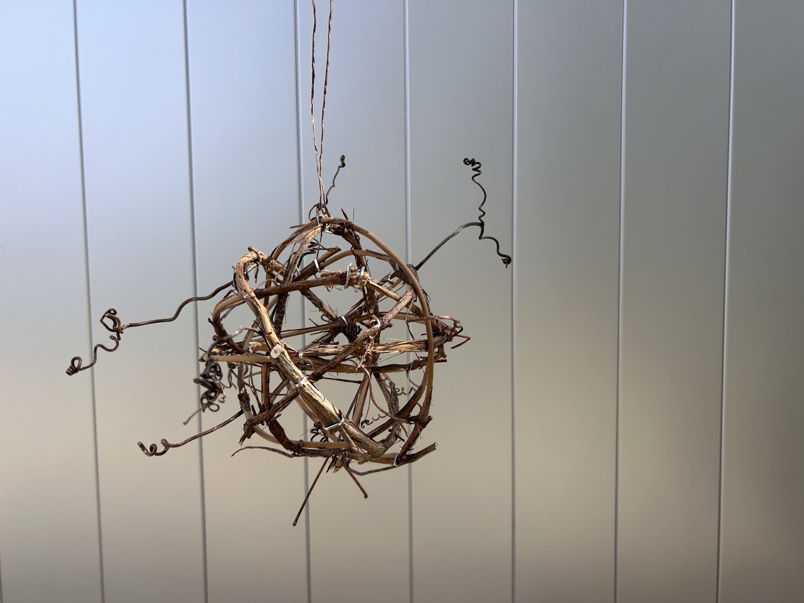 A sphere made of twisted vines hangs in front of a wall