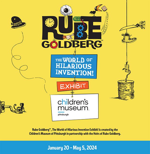 Rube Goldberg exhibit logo with cartoon drawings of a bird, hat, TNT, spring, Open Jan 20 - May 5, 2024