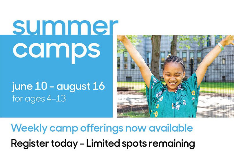 young girl in summer, outside with both arms raised and eyes closed looking happy and text for Summer Camps 2024 for ages 4 -13, weekly from June 10 - Aug 16, Register today, spots are limited