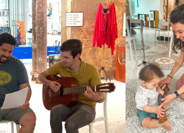 Two photos make up this banner: The first shows two adults. One holds lyrics to music, and one strums a guitar. The second shows a child strumming a ukulele that an adult is holding.