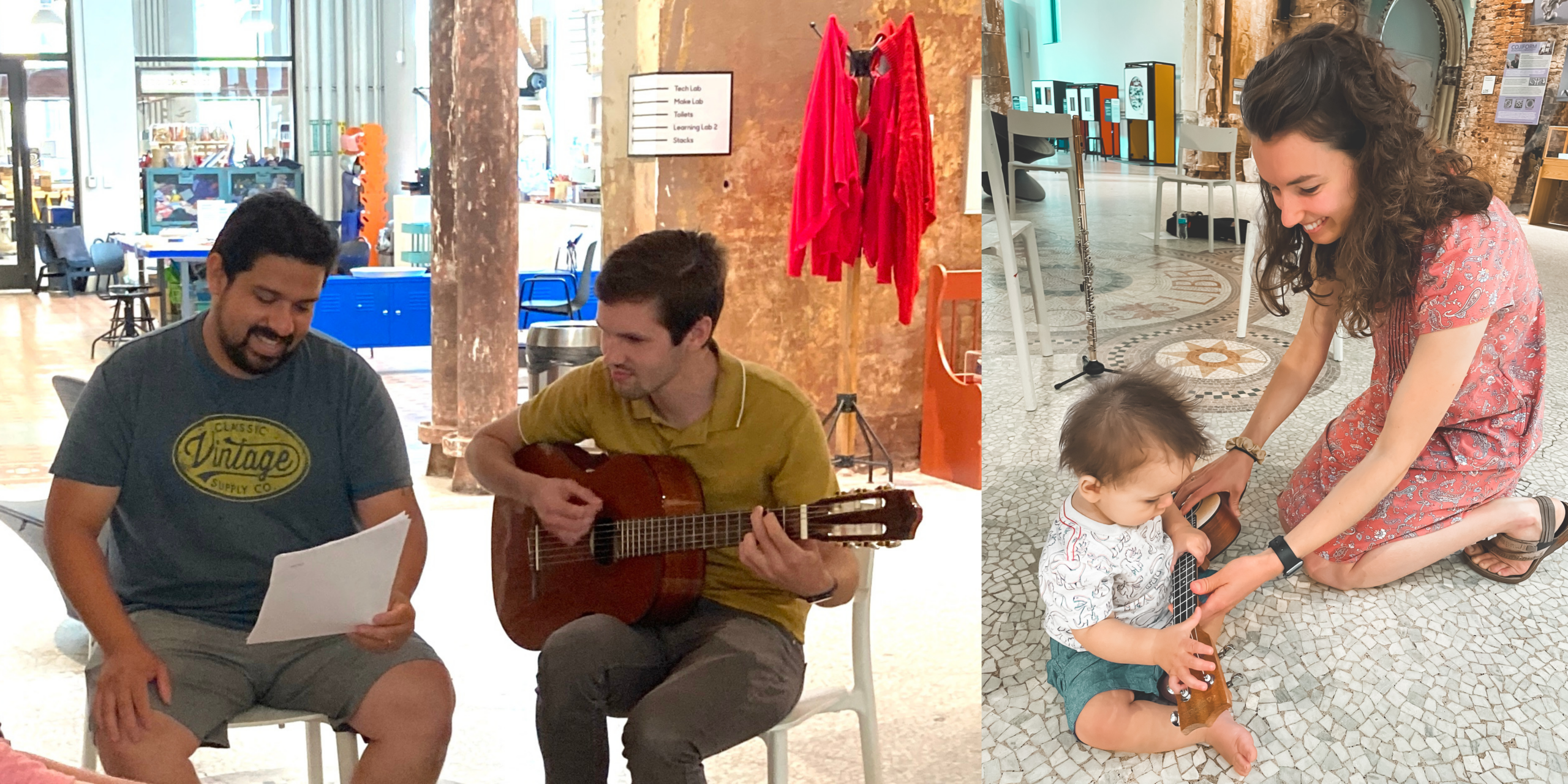 Two photos make up this banner: The first shows two adults. One holds lyrics to music, and one strums a guitar. The second shows a child strumming a ukulele that an adult is holding.