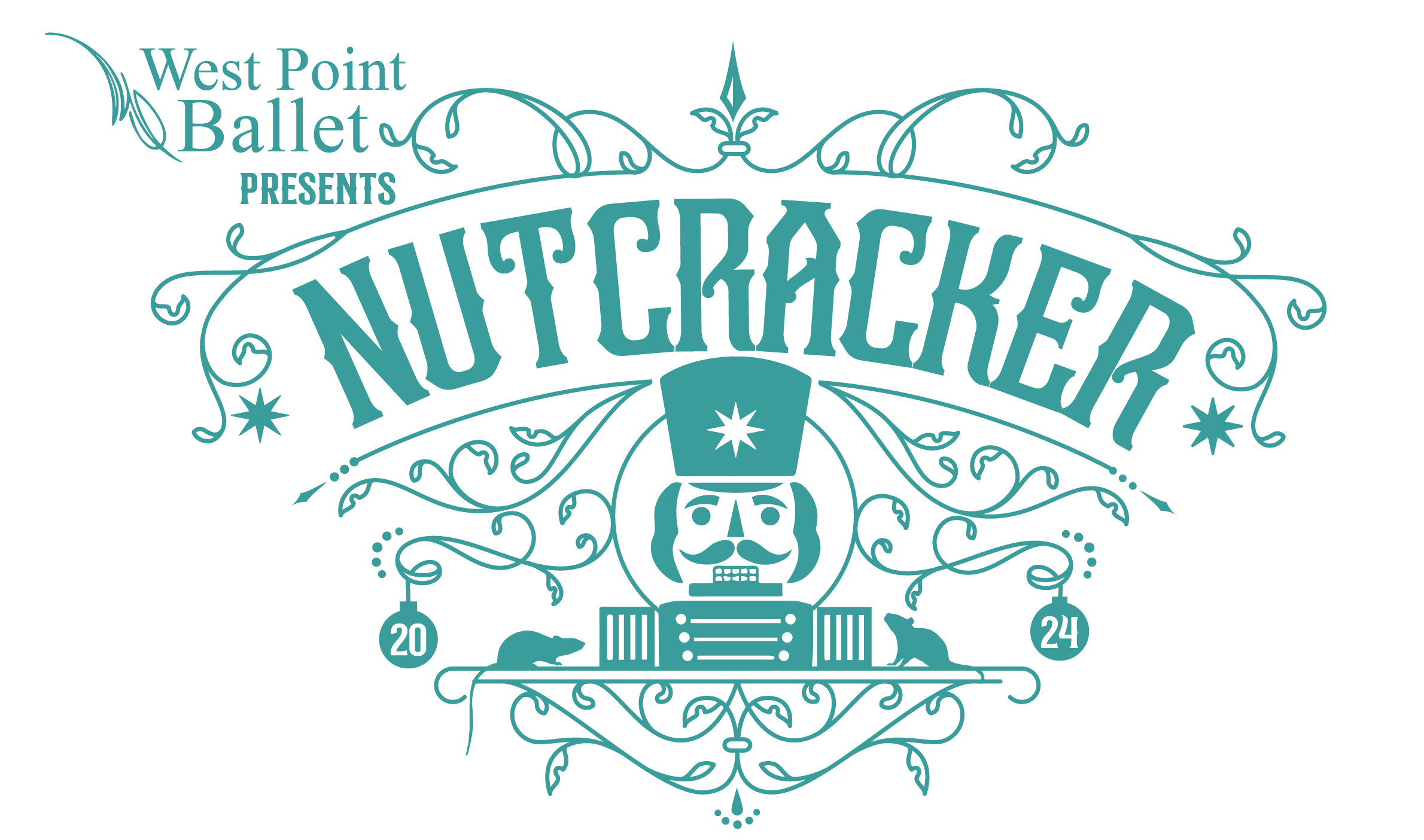 a teal and white logo with an icon of a nutcracker reading "West Point Ballet Presents Nutcracker"