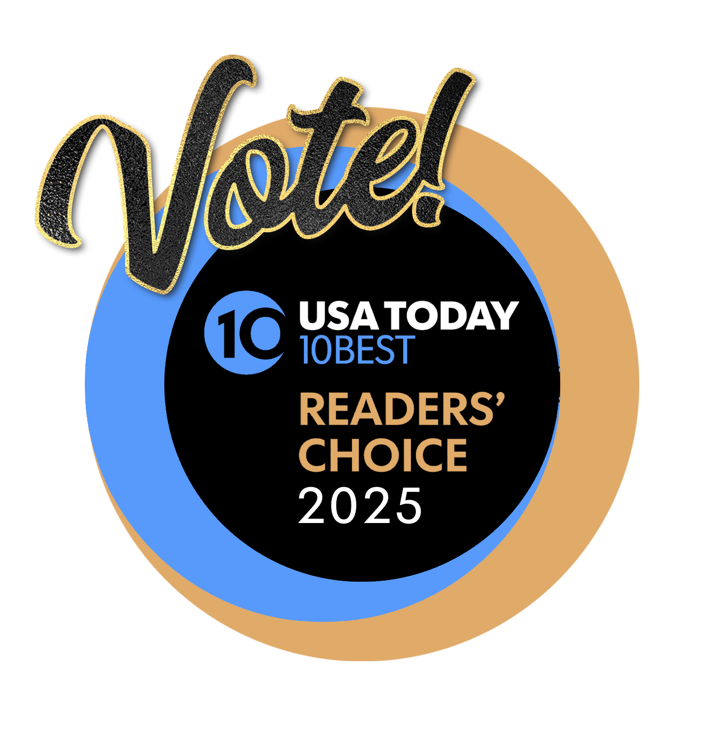 cicle logo for USA Today 10Best Readers' Choice 2025 stating Vote!