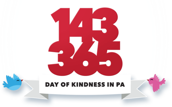 logo for 143 Day of Kindness in Pennsylvania with red lettering and two birds holding a banner