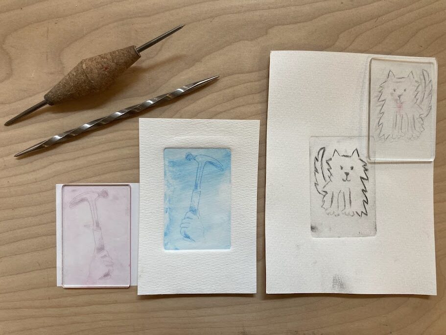 image of tools used to do dry point etching and prints created with it