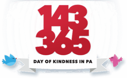 Logo for 143 Day of Kindness in PA with red lettering and two birds holding a banner